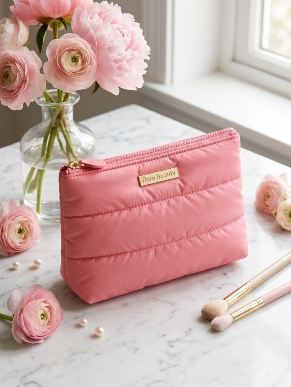 Rare Beauty Pink Quilted Cosmetic Pouch